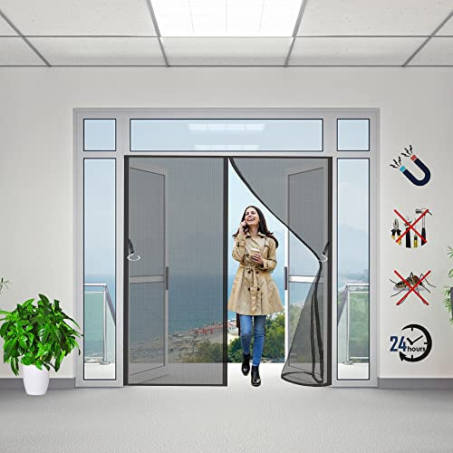 Fliegennetz Insektenschutztür, 190x210cm Balkontür Magnetvorhang ohne Bohren Klebemontage für Kinderzimmer Schwingtür Terrassentür mit starkem Magnet (Schwarz)