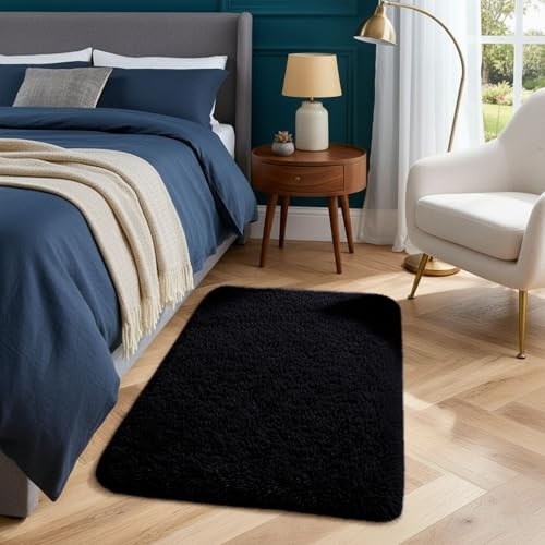 Hafaa Fluffy Shaggy Rugs Living Room Black 60x110 cm, Soft Thick Pile Carpet Bedroom, Non Slip Small Bedside Rug for Kids Nursery Room Non-Shedding