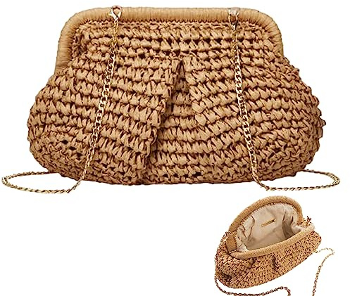 Jorzer Frauen Strohkupplung Crossbody Raffia Clutch Tasche Stroh Clutch Bag Stroh Schulter Handtasche gewebt Knödeltasche für Party, Hochzeit, Sommer (Khaki)