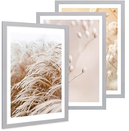 PHOTOLINI Bilderrahmen A2 Holz MDF Silber, 3er Set breiter A2 Bilderrahmen 42x59,4 zum Aufhängen, Rahmen 42x60 mit bruchsicherem Acrylglas & Zubehör - Poster Frame für Ihre stilvolle Wanddekoration