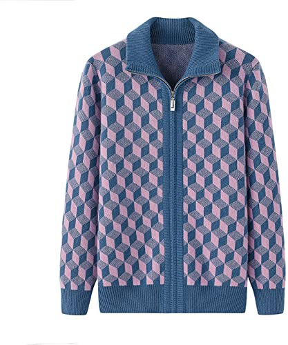 GOCTRN Kaschmir-Strickjacke Mit Verdicktem Kragen, Unregelmäßigem Karo-Reißverschluss Für Damen,Blau,XL
