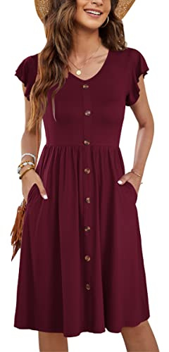 MOLERANI Women Summer Dresses V Neck Ruffle Sleeve Casual Swing Elastic Waist Midi Dress with Pockets