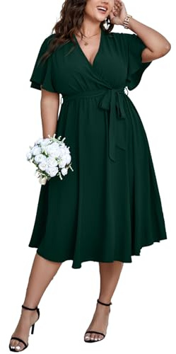 SCOMCHIC Damen-Midikleid in Übergröße, für Hochzeitsgäste, Cocktailkleid, Sommer, kurze Ärmel, Wickelkleid, V-Ausschnitt, A-Linie, fließendes Kleid