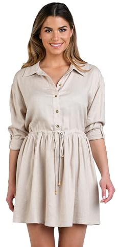 La Blanca Women's Short Sleeve Mini Dress Swimsuit Cover Up, Taupe//Delphine Coast, Medium