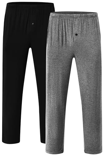 Jinshi Pantalon Pijama Hombre Largo Modal Pantalones de Dormir Estar en Casa Bragueta con Boton Suave Comodo Negro, Gris Oscuro Talla XL