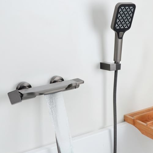 SHANFO Rubinetto Vasca da Bagno a Cascata, Miscelatore Vasca da Bagno con Doccetta,Rubinetto Doccia in Ottone, Grigio, 14Y7OK