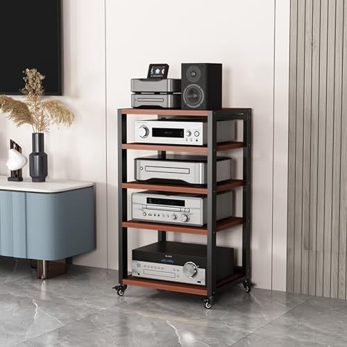 YVYKFZD Beweglicher Audio Rack HiFi Regal, offener HiFi Rack Komponentenschrank, tragbarer Phonoschrank, Record Player Stand aus Holz, Multifunktions-Medienspeicherschrank(Size:Teak 5 Tier-21.6X19.6