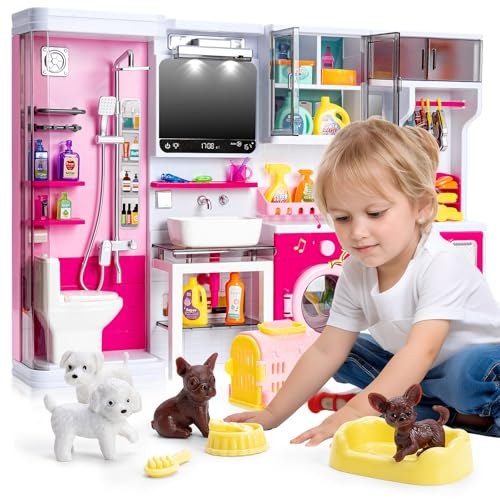 PULIOU 4 In 1 Lavatrice Giocattolo , Set da Lavanderia per Bambini con Vari Accessori per Il Bucato, Piccolo Set da Gioco per Bambole, Giocattoli per Bambine Dai 3 Anni In Poi