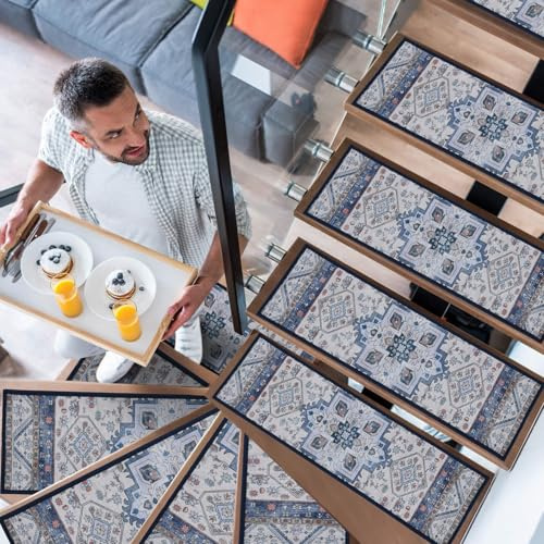 YISUN 15 PCS Stair Mats, Stair Carpet, Anti Moving and Non-Slip Stair Pads, Removable Self-Adhesive Carpet Stair Treads for Children, Elderly and Pets (25.6 X 8)