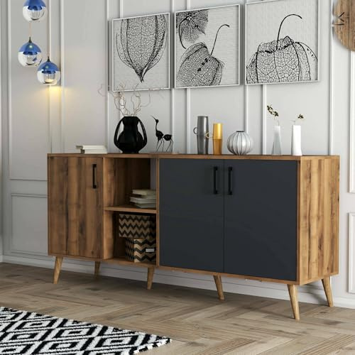 Dmora - Buffet Menkalinan, Buffet du Salon, Commode de Salon, Garde-Manger de Cuisine, 180x45 h80 cm, Noyer et Anthracite
