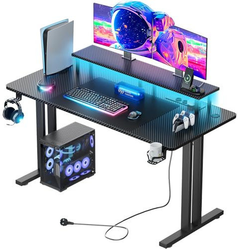 HLONONE Gaming Tisch mit LED, 120x60 cm Gaming Schreibtisch mit 3 Steckdosen und 2 USB Anschlüssen, PC Gamer Tisch mit Monitorständer, Stabiler Computertisch für Gaming und Büro, Schwarz