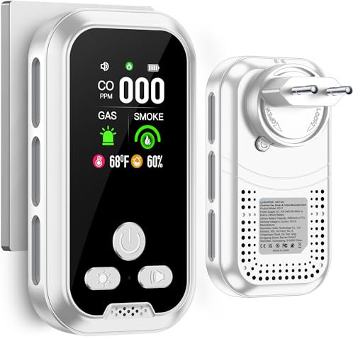 Gedsffati Rilevatore di Fumo, Gas e Monossido di Carbonio con Spina per Casa, Allarme di Fumo, Rivelatore di Gas Combustibile per Gas Naturale LPG Metano Propano Butano, Bianco, HD11-CGS