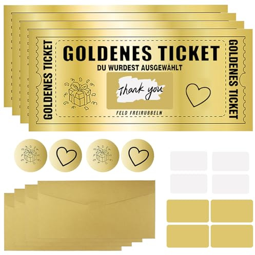 LIBAIDZ 4pcs Gutschein zum Selber Ausfüllen mit Rubbelaufkleber,Goldenes Ticket Gutschein Rubbel,Wunschgutschein,Rubbelkarte zum beschriften,Geburtstagsgeschenk,Geschenke für Mama,Freundin