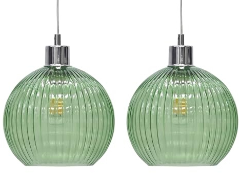 Set of 2 Betchley - Green Ribbed Glass Globe Easy Fit Pendant Shades