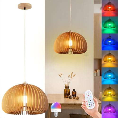 Vintage Pendelleuchte mit Fernbedienung Dimmable LED Deckenlampe Holz RGB Farbwechsel Batteriebetriebene Glühbirnen Hängelampe Verstellbare E27 Pendellampe für Schlafzimmer Wohnzimmer Esszimmer Küche