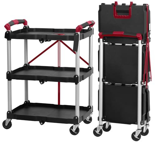 Mahlzeit Faltbarer Servierwagen mit Rollen | 64 x 40,5 x 82 cm, Bis zu 150 kg Belastbar | Rot/Schwarz | dreistufiges Faltregal, Klappregal mit 3 Etagen | Klappbares Standregal, Klappbares Regal