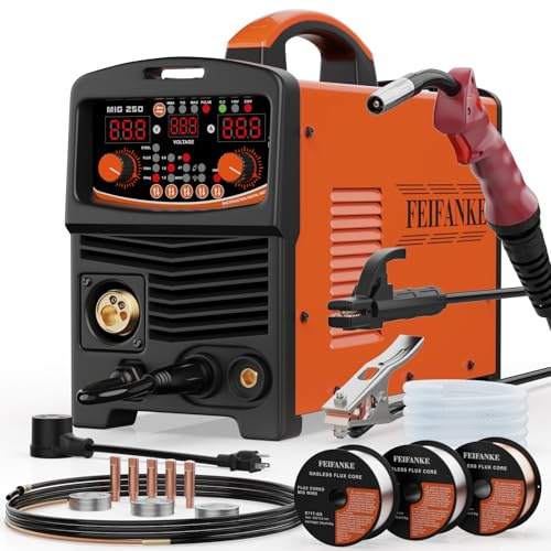 250A Aluminum Pulsed MIG Welder 110V/220V, 6 in 1 Gasless Flux Core MIG/Gas MIG(MAG) /Single Pulse MIG/Lift TIG/Stick/2T 4T Spot Multiprocess Welder with Synergic/Manual Control Welding Machine