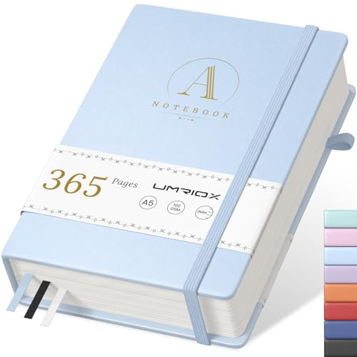 Umriox Notizbuch A5 Liniert,Hardcover Leder Journal, Dickes 365 Seiten 100gsm Papier mit 1 Innentasche,Tagebuch Notizblock für Frauen und Männer im Büro,Schule,14.5 x 21cm-Hellblau