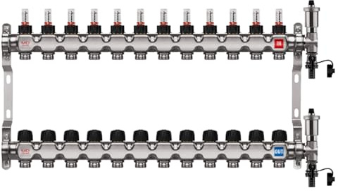 MD Technic Heizkreisverteiler Edelstahl 12 Heizkreise Ohne Kugelhahn | inklusive Durchflussmesser Handventile Montage/Wandhalterungen Endset und automatische Entlüfter