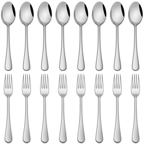 Salad Forks And Teaspoon,6.7 Inches Stainless Steel Dessert Spoons And Forks,Set Of 16 Dishwasher Safe Silverware Fork And Spoon For Home,Restaurant
