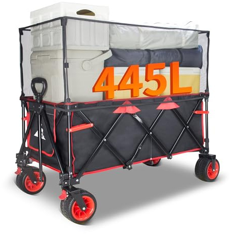 TOPWELL Chariot pliable 445 L robuste avec roues tout terrain, auvent et freins – Chariot utilitaire extra large pour la plage, le camping, le jardin, l'extérieur (noir/rouge)