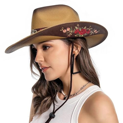 WELLATENT Western Stroh Cowboyhüte für Damen und Herren, bestickte Muster, Musikfestival, Party, Strand, Rose, M-L