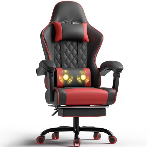 JUMMICO Gaming Stuhl, Schreibtischstuhl mit Massagefunktion,Bürostuhl Ergonomisch mit Fußstütze,150 kg, Rot