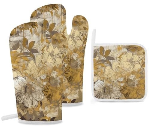 Lot de 3 gants de cuisine et maniques à fleurs dorées et beiges, résistants à la chaleur de 260 °C, gants de cuisine extra longs de 30 cm, essentiels pour la cuisine