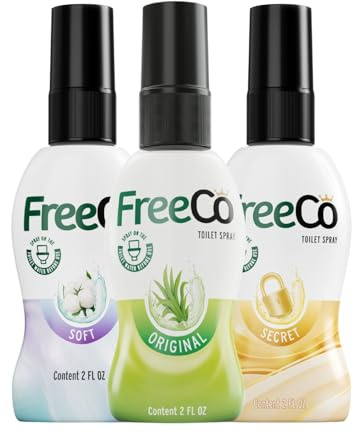 FreeCo Spray WC préventif. Bloque les odeurs dès leur origine, aux Huiles Essentielles. Maison, Bureau, Espaces Publics, Voyage. Pack découverte 3x60ml: Agrumes, Secret, Soft.