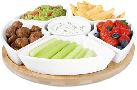 Taco Bar Ceramic Serving Platter Christmas Rotating Snack Tray with 6 Removable Bowls, Divided Serving Dish for Tacos, Chips Dips – Elegant White Serving Tray for Parties Family Dinners Entertaining