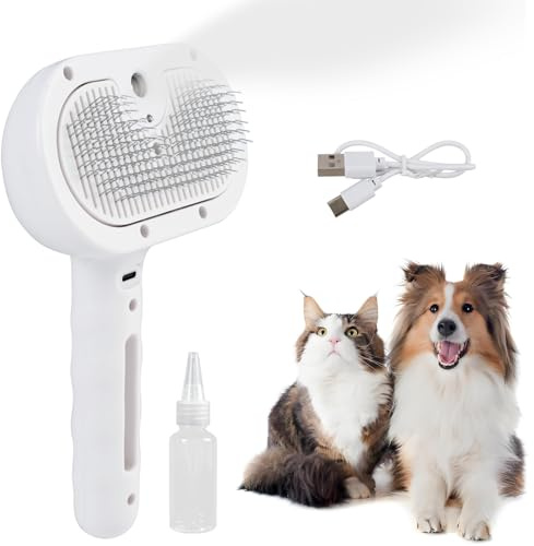 Katzenbürste mit Dampf, Multifunktionale Katze Steamy Brush, Katzenbürste mit Spray Roße Kapazität Wassertank,Entfilzen & Entknoten, Anti-Haarverlust für Langhaarkatzen und Mehrtierhaushalte (Weiß)