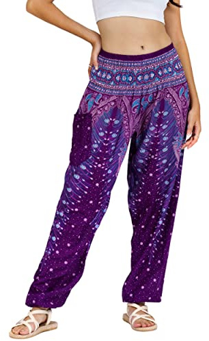 Lofbaz Femmes Paon Impression Smocked Taille Harem Pantalon Violet B M