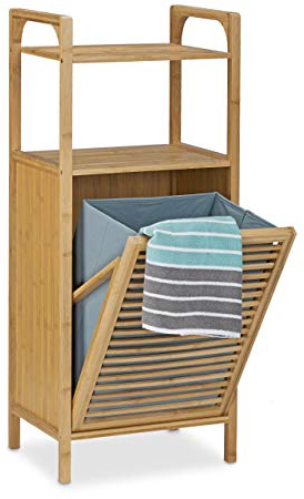 Relaxdays Badregal mit Wäschekorb aus Bambus HBT 95 x 40 x 30 cm Badschrank mit 2 Ablagen für Badaccessoires als Wäschebehälter mit ausklappbarem Wäschesack Wäschetruhe ca. 25 L Wäschebox, natur
