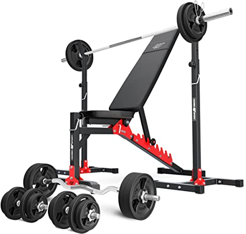 Marbo Sport - Set MH19 – verstellbare Hantelbank, 2-teiliger Langehantelständer, 1 x SZ-Curlstange, 2 x Kurzhantelstange, 1 x Langhantelstange + gummierte Gewichtsscheiben 113 insg. Kg