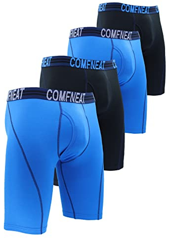 Comfneat Men's 9 Long Boxer Briefs Sports Performance Breathable Underwear 4-Pack (L, Light Blue+Black(Navy) 4-Pack)