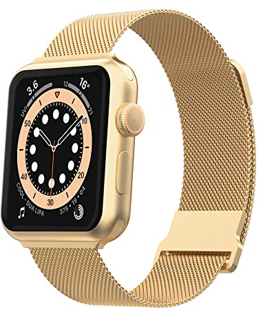 Biuupa Metal Straps Compatible With Apple Watch 42mm 40mm 45mm for Women and Men, Breathable Stainless Steel Mesh Band with Adjustable Magnetic Clasp for iWatch Series 8 7 6 5 4 3 2 1 SE- Gold