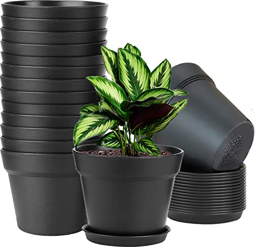 WOUSIWER 16-pack 15 cm Plastkrukor, blomkrukor, slitstarka och eleganta växtkrukor för inomhusväxter med dräneringshål och fat, för växter, blommor, svart