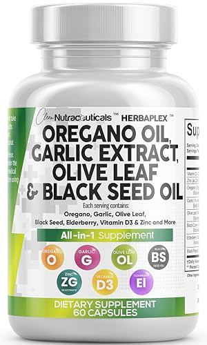 Clean Nutra Oregano Oil with Black Seed Oil Garlic Olive Leaf Extract - Oil of Oregano Capsules Immune Support Carvacrol & Thymoquinone Supplement for Women and Men + Elderberry Vitamin D3 & Zinc