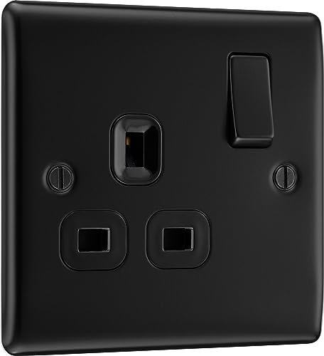 BG Electrical Single Switched Power Plug Wall Socket, Raised and Slim Profile, Round Edges, Nexus Metal, Matt Black, 13A, NFB21B