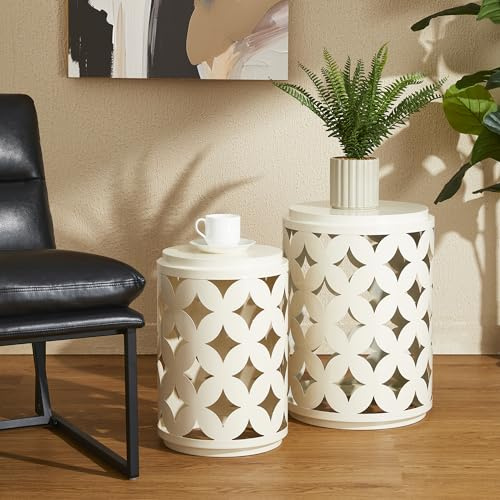 Glitzhome Metal Accent Tables Set of 2, Modern Round Nesting Side Tables, Industrial Plant Stands Coffee Table for Living Room, Bedroom, Entryway, Foyer and Covered Porch, Cream White