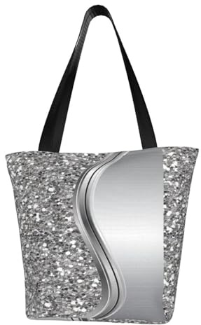 BeNtli Umhängetasche, Canvas Tote Große Tasche Damen Casual Handtasche Wiederverwendbare Einkaufstaschen,Silbernes Faux-Glitzer-Glam-Bling