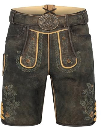 Krüger Herren Trachten Lederhose kurz, Modell: Charlie mit Gürtel, Knielang, braun und grau, Art.-Nr. 961667-0-0725, 46,