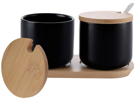 ZOFUN Juego de 2 azucareros de cerámica con cuchara y tapa de bambú, 260 ml, azucarero de cerámica negro con bandeja de madera para harina, café, cereales o utensilios de baño