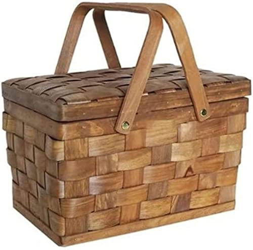 HYKJCSS Picknickkorb Picknick Korb Tragbare Aufbewahrungsbox Aus Holz Mit Deckel, Handgewebter Korb, Make-up-Organizer, Aufbewahrungskorb Für Camping-Picknick Zu Hause Picknickkörbchen(Color:Argento)