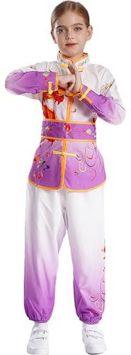 winying Kinder Unisex Kung Fu Uniform Chinesische Kampfsport Bekleidung Sets Drache Gedruckt Langarm Tops mit Hosen+Gürtel Trainingsanzug Violett 170