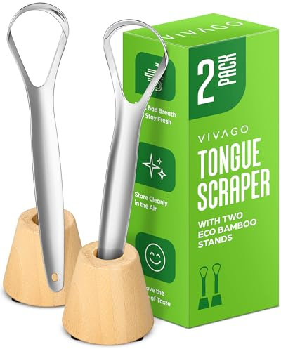 VIVAGO Stainless Steel Tongue Scraper for Adults with Bamboo Holder (2 Pack) - Metal Tongue Scraper for Tongue Cleaning and Reducing Bad Breath - Tongue Cleaner for Oral Care & Hygiene
