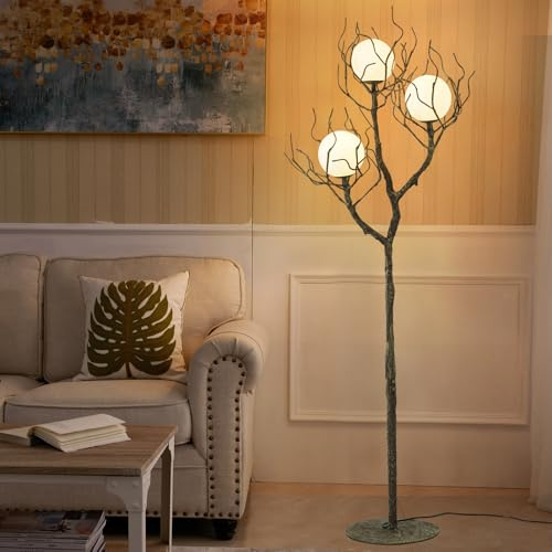 eccuslon Vintage Stehlampe Wohnzimmer, Handgefertigte Holz Standleuchte mit 3 Mondlichtern Baumstamm-Design aus Kunstharz & Metallfuß Deko Lampe für Landhausstil, Schlafzimmer und Büro (160 cm)