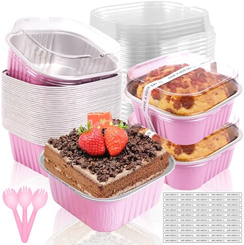 BZIDII 10oz Mini Cake Pans With Lids 50 Pack Aluminum Foil Square Brownie Baking Cups,4”x4” Disposable Loaf Pans With Lids and Spoons Stickers,Large Cupcake Pans Muffin Cake Tins Cake Container(Pink)