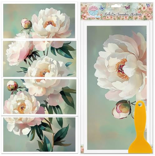 GLOBLELAND 4 Blatt Weiße Pfingstrosen Transferfolien Zum Aufreiben Vintage Blumen Möbeldekor Transferfolien Ölgemälde Aufkleber Für Schlafzimmer Wohnzimmer Schreibtisch Tischdekoration