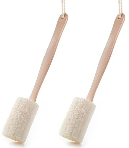 2 Pcs Natural Loofah Back Scrubbers for Use in Shower, Exfoliating Loofah Sponge Back Loofahs Backs Brush Long Handle for Showers